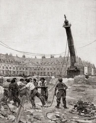 Dra ner Vendôme-kolonnen under Pariskommunen, Paris, Frankrike 1871, från The Century Illustrated Monthly Magazine, publicerad 1884 (trästick)